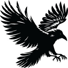 Raven in Flight: A dynamic, silhouetted raven soars gracefully, its wings spread wide against a minimalist backdrop, conveying strength and freedom. Capturing the elegance and power of nature's bird.