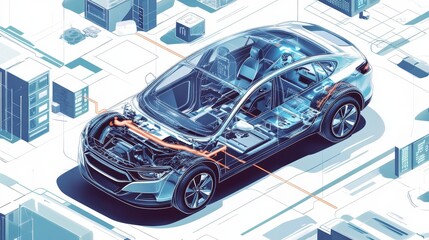 Isometric illustration of a car's internal components and digital connections.