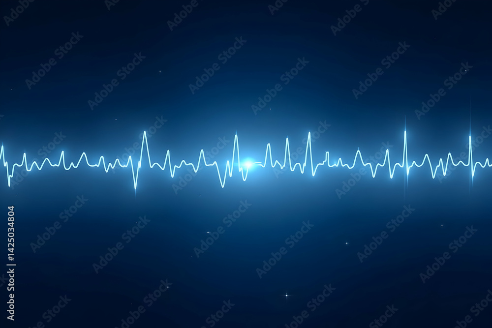 Poster a calming realistic render of a white frequency waveform pulse on a blue canvas ideal for a technolo