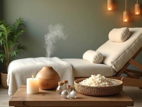 A calming spa retreat featuring soft lighting aroma diffuser and wellness elements designed to inspire relaxation and promote a sense of well being