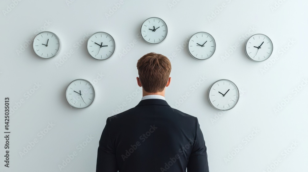 Poster a businessman in a suit standing in an office environment surrounded by multiple clocks appears to b