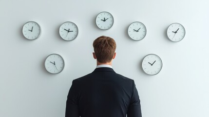 A businessman in a suit standing in an office environment surrounded by multiple clocks appears to be analyzing and adjusting his glasses as he focuses on managing his time and schedule effectively
