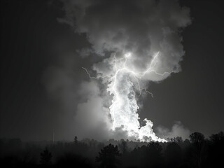A Captivating Black and White Image Showcasing the Raw Power of Nature, with a Dramatic Lightning Storm Illuminating a Secluded Forest Landscape at Night