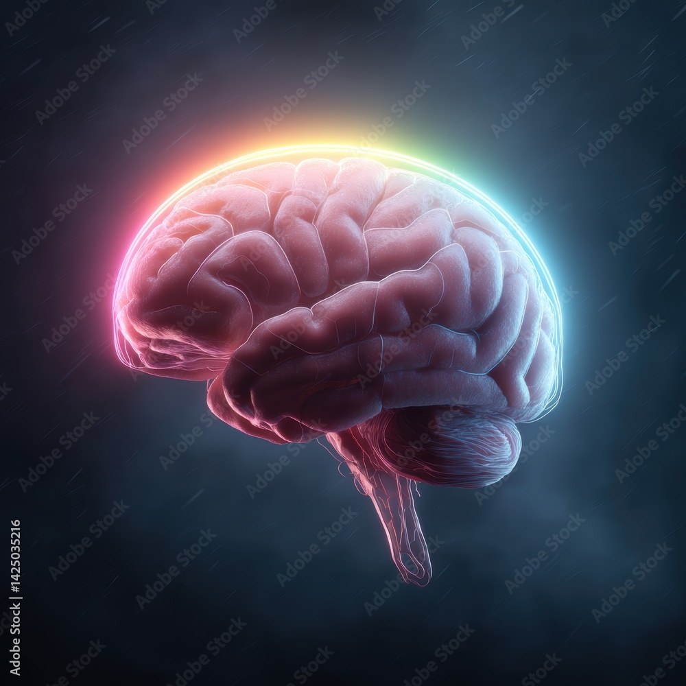 Aufkleber glowing anatomical brain on dark background creative visualization of intelligence and cognition exp