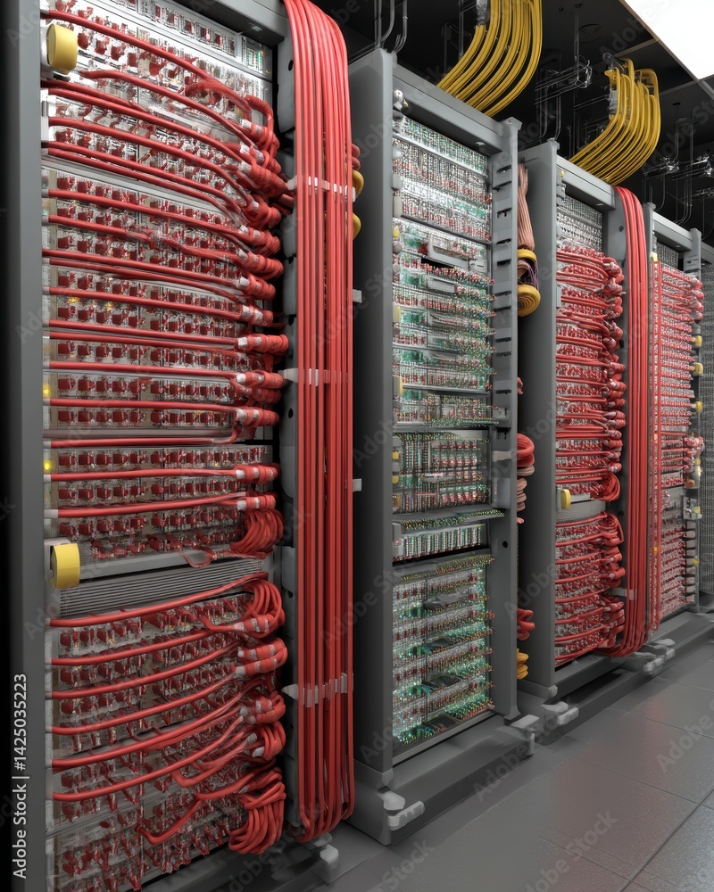Aufkleber Complex computer hardware with many cables in a server room configuration for data centers