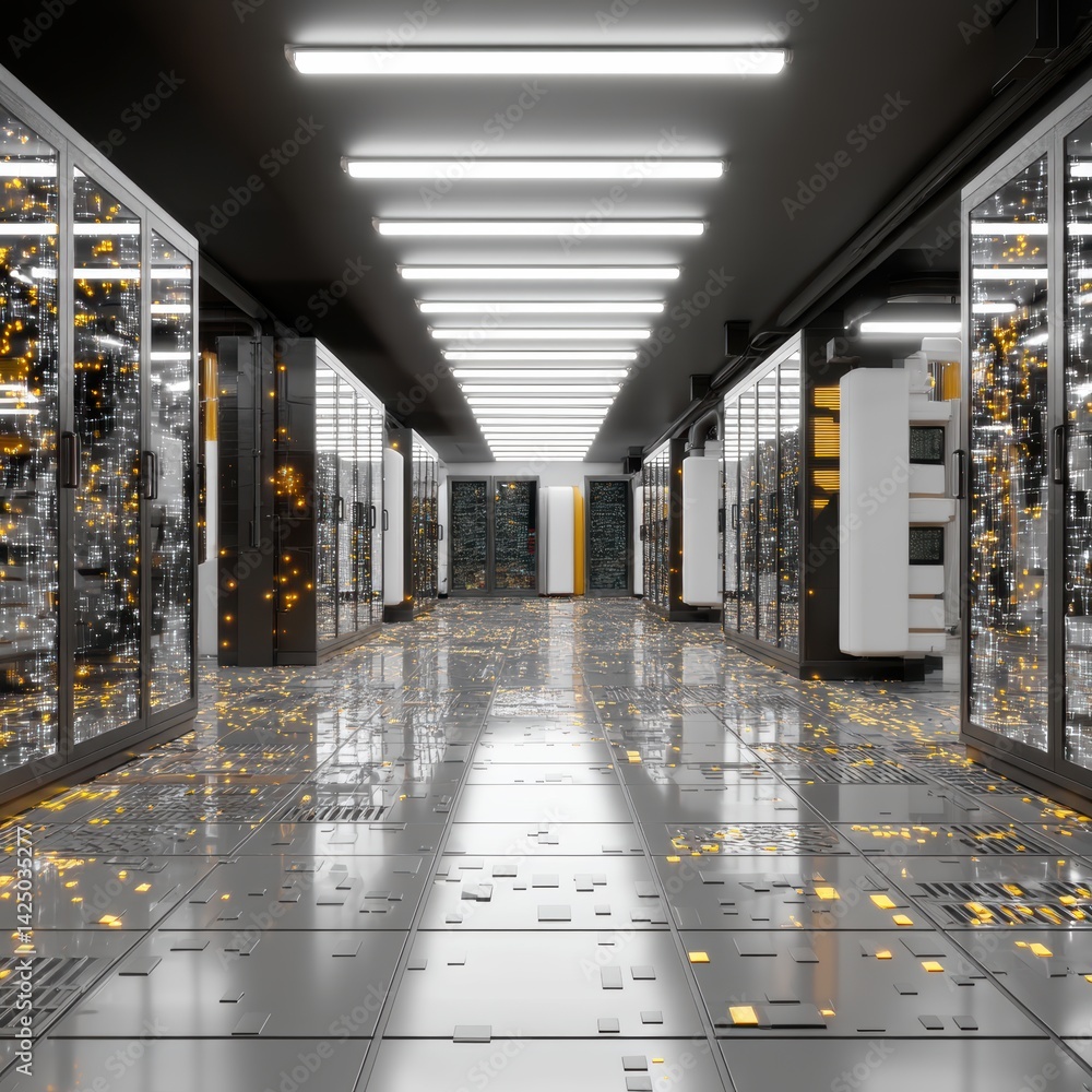 Poster Data center with server racks futuristic technology modern illumination tunnel perspective metallic floor