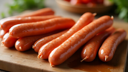 A Captivating Close-Up of Uncooked Sausages Neatly Placed on a Wooden Surface, Showcasing Freshness and Culinary Potential with a Focus on Texture and Detail