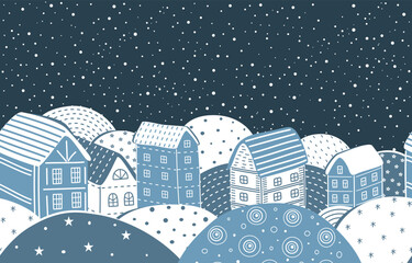 Winter Town. Seamless Abstract Border. Beautiful Houses. Christmas Background. Winter Landscape. Cozy Village. Blue White Houses, Snow. Hand Drawing Vector Illustration