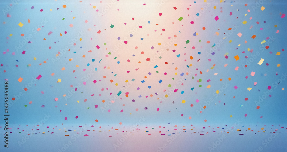 Poster floating confetti fills a light blue background, creating a festive and celebratory atmosphere. a gr