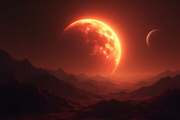 Fototapeta premium A Captivating Digital Rendition of Mars Glowing Brightly in the Immense Expanse of Deep Space, Featuring a Dramatic Planetary Landscape