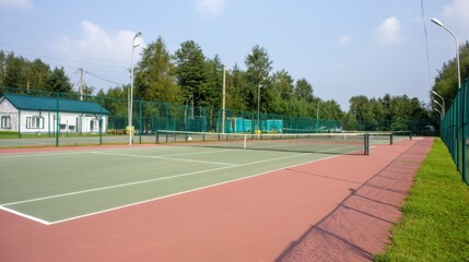 Serene tennis court surrounded by verdant trees and blue sky on a calm day ideal for outdoor sports