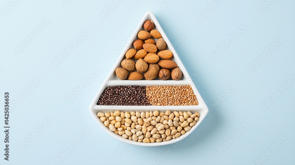 Poster a decorative dish filled with a variety of nuts and seeds arranged in a triangular shape against a s