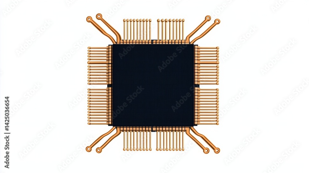 Poster a detailed microchip design with intricate gold connections, showcasing advanced technology and elec
