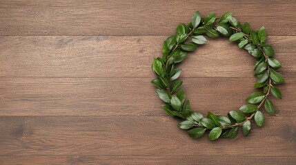 A circular wreath made of lush green leaves is positioned on a wooden surface, creating a natural and rustic aesthetic.