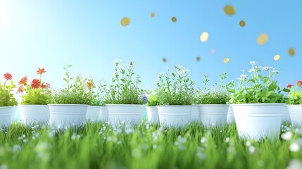 Obraz premium White Flower Pots with Seedlings Growing Under Bright Sky
