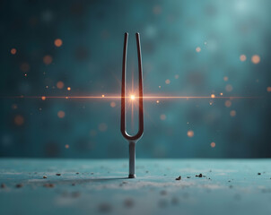 A Captivating Resonance, Exploring Sound Vibrations through a Tuning Fork with Light Effects, Evoking Concepts of Harmony, Frequencies, and Scientific Experimentation