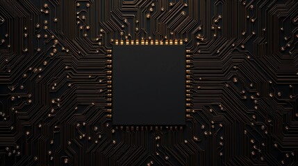 A close-up view of a black microchip surrounded by intricate circuit patterns on a dark background, illustrating technology and electronics.