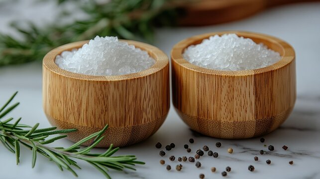 Wooden bowls of coarse salt and fresh rosemary