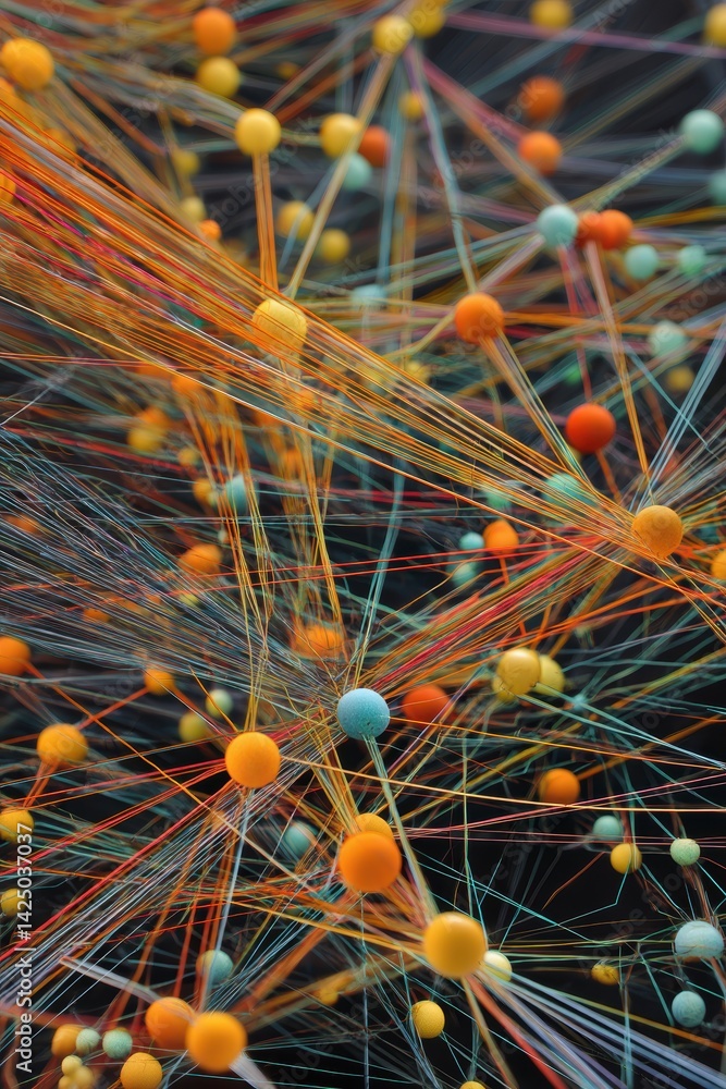 Poster Abstract network connecting vibrant spheres symbolizing complex data visualization and innovative tech futuristic background