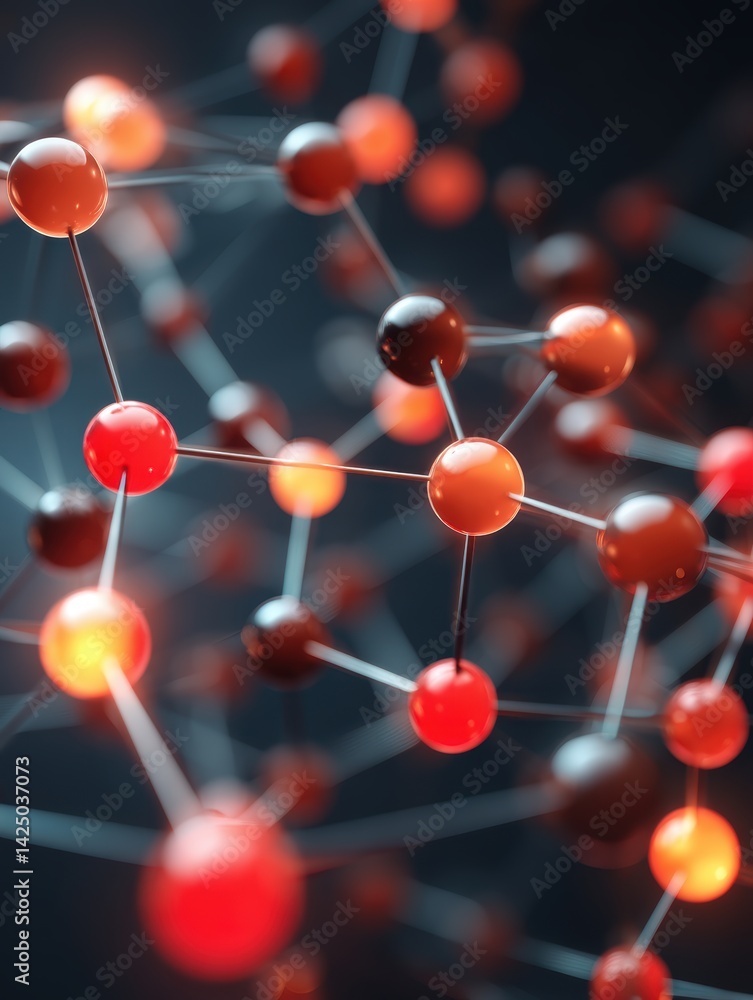 Poster Abstract Molecular Structure Visualization with Glowing Red Orange Spheres Against Dark Background