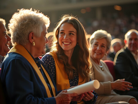 A Captivating Scene of Graduation Joy, Young Graduate Sharing a Tender Moment with Family Amidst Celebratory Crowd, Radiating Achievement and Future Hope