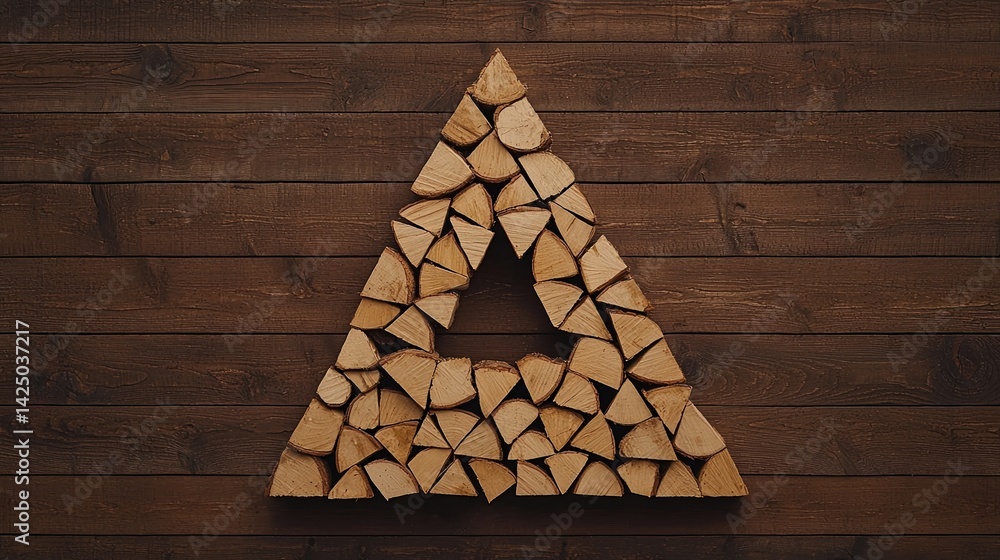 Poster a geometric arrangement of wooden logs forms a triangle on a rustic wooden background, creating a vi