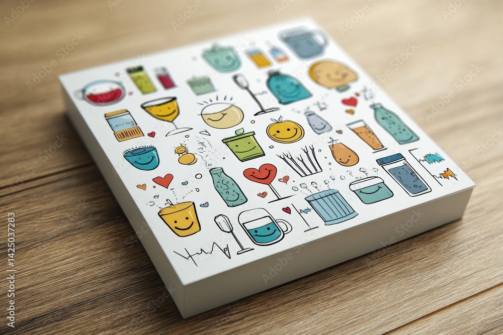 Poster Health Scale Displaying Positive Icons Representing Joy and Vitality With a Wooden Background and Colorful Designs Promoting Well-Being