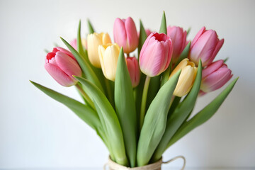 Obraz premium A Captivating Still Life, Modern Bouquet of Pastel Tulips Exuding Elegance and Grace with Delicate Ribbons, Perfect for Springtime Celebrations and Decor
