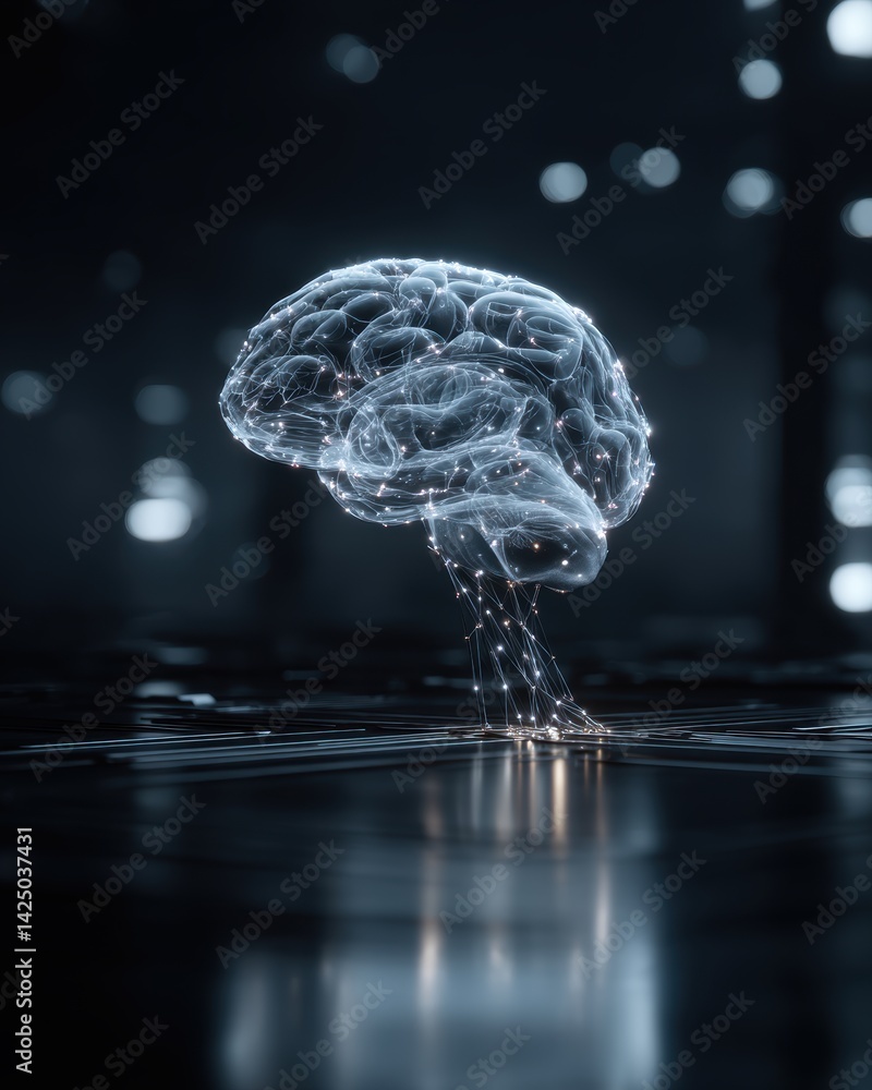 Leinwandbilder Abstract Glowing Brain Intelligence Concept with Neural Network Connection on a Dark Reflected Surface