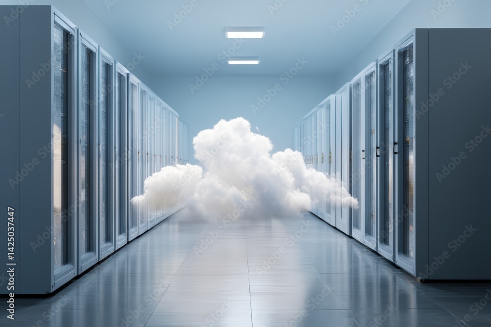 Poster Bright modern data center with cloud between server racks for information technology conceptual design