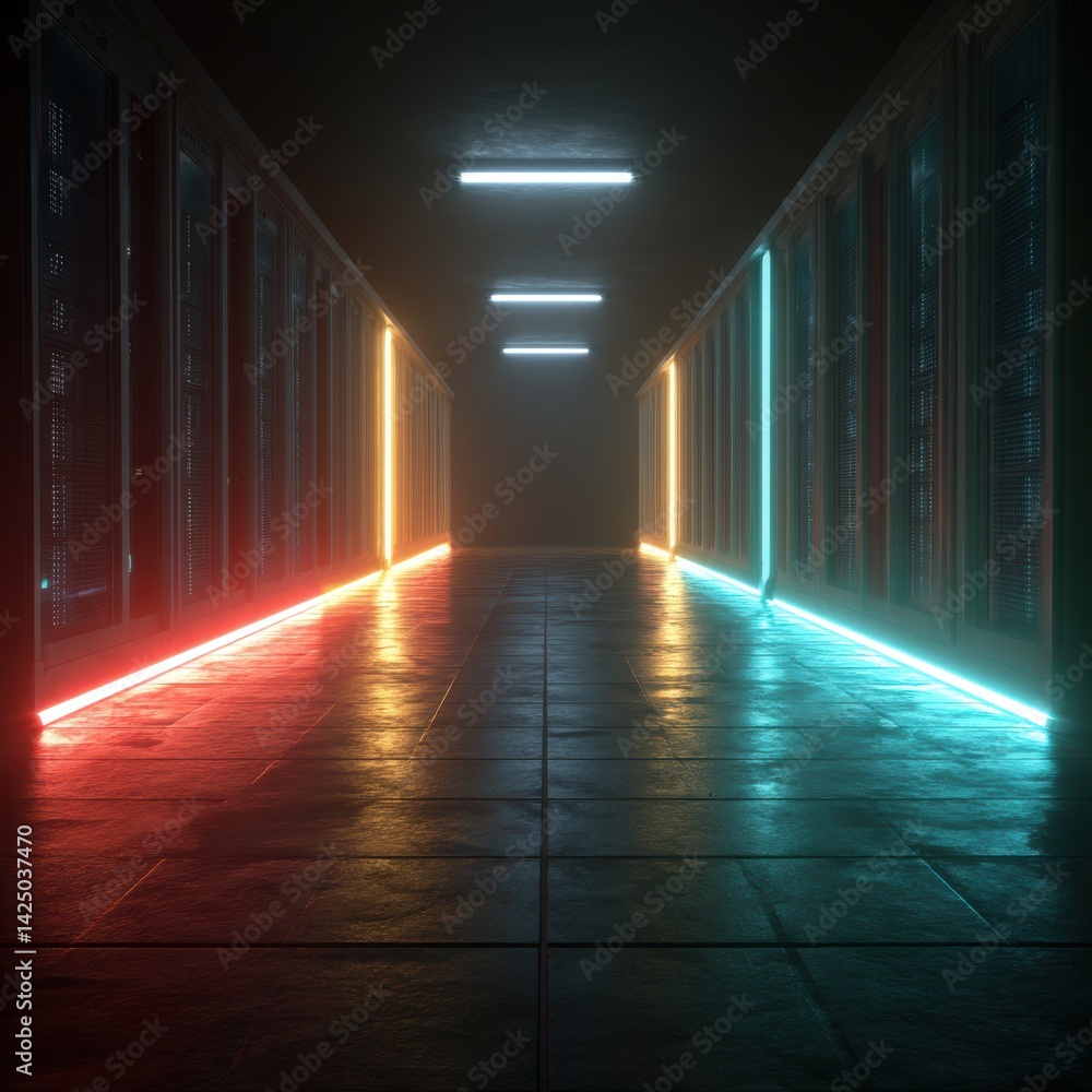 Poster modern server room illuminated with neon lights showcasing data storage and cybersecurity solutions