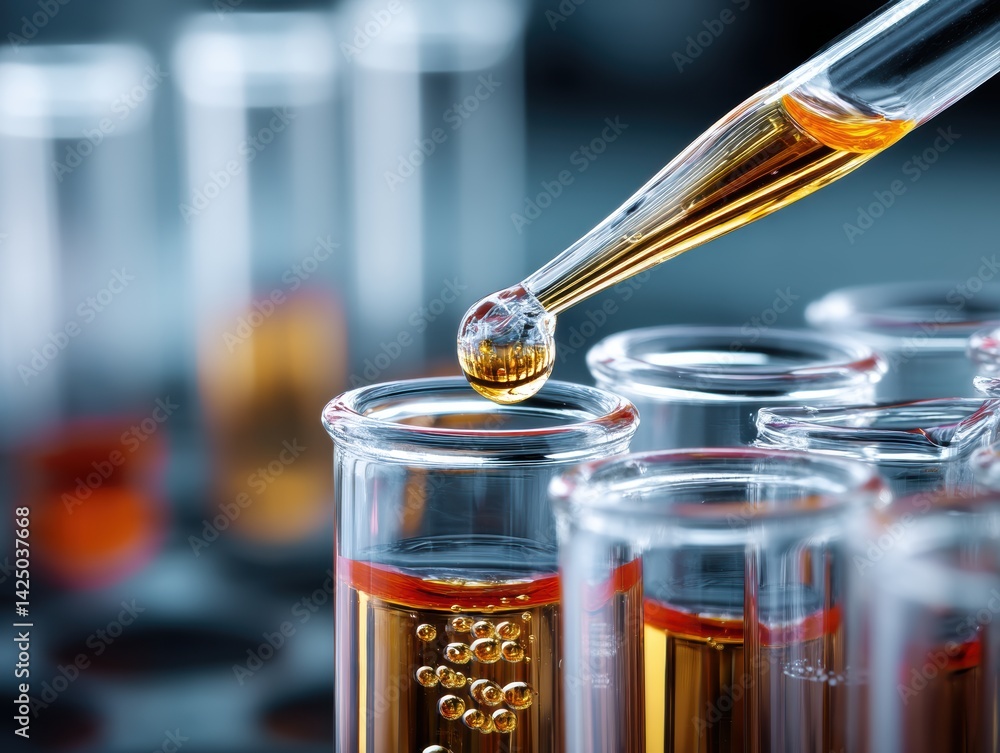 Aufkleber transparent golden liquid dripping into lab tubes creating a blurred scientific background in a rese