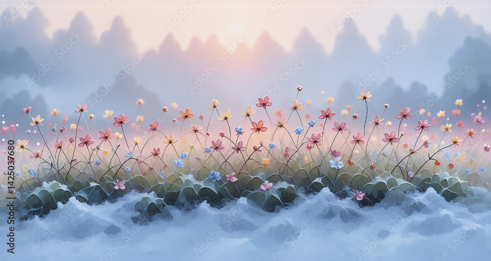 Poster a dreamy, serene landscape with delicate blossoms gently swaying in the misty air. soft light glows 