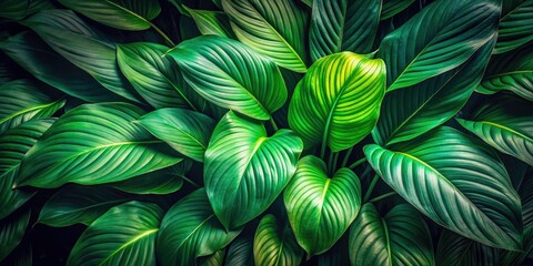Fototapeta premium Lush Green Botanical Garden Low Light Photography, Vibrant Leaf Background, Night Garden Images