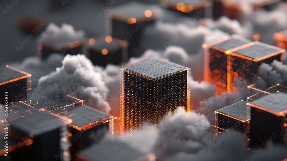 Poster futuristic digital metropolis of glowing data cubes amidst cloudy landscape with high tech ambience