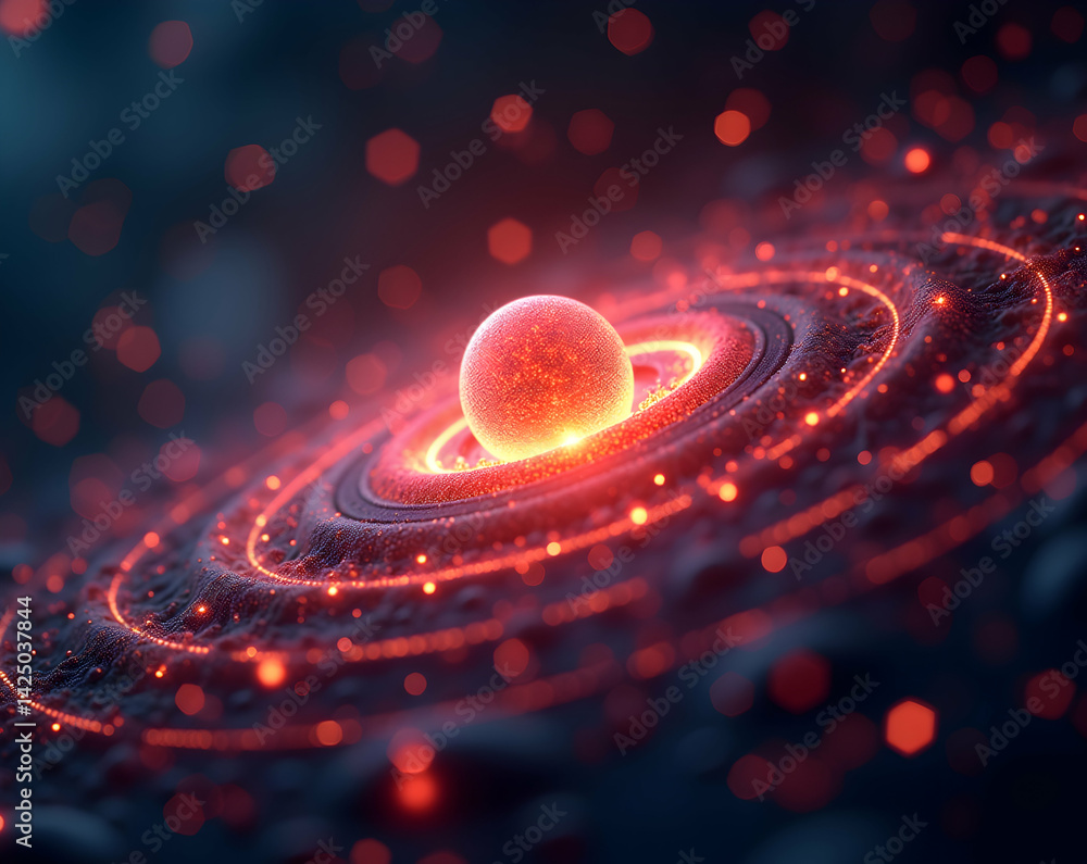 Poster a captivating visualization of electrons orbiting a luminous central nucleus in a series of radiant 