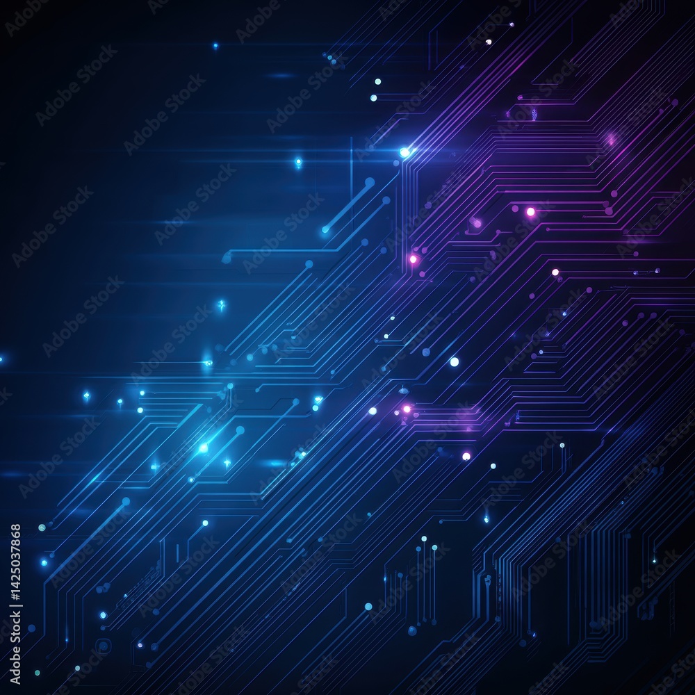 Poster futuristic circuit board design with glowing nodes and vibrant blue purple gradient on dark backdrop
