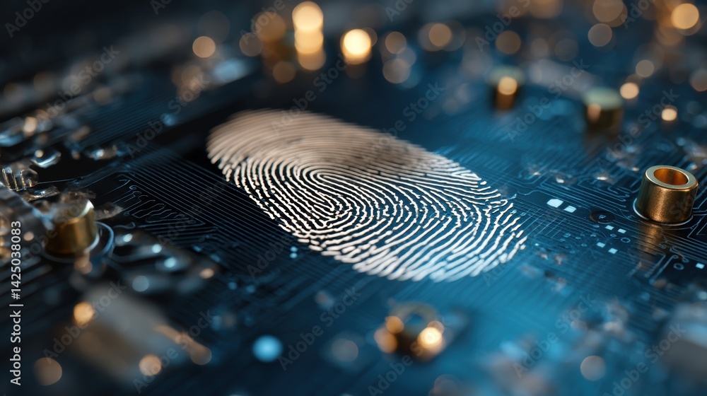 Aufkleber Close up of a digital fingerprint on a circuit board emphasizing cybersecurity identity verification biometric authentication and technology