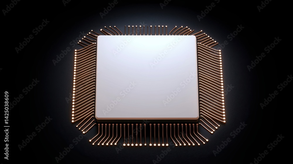 Poster a sleek microchip with intricate circuitry illuminated against a dark background, symbolizing advanc