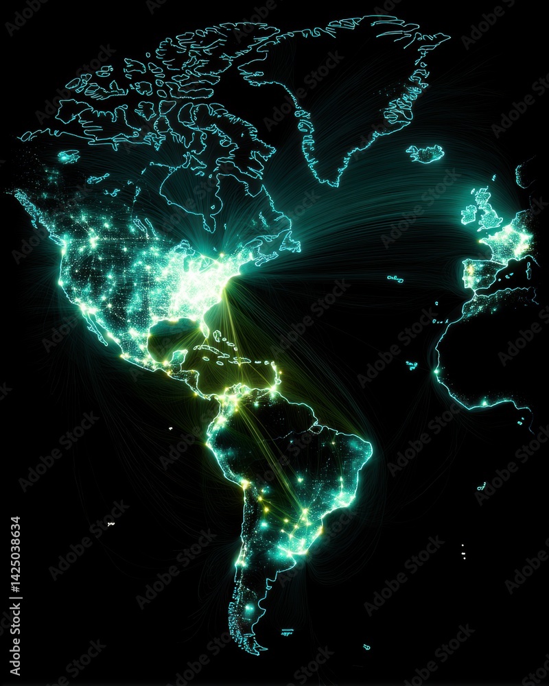 Fototapete digital connectivity world map illuminated nodes depicting global network ties data visualization