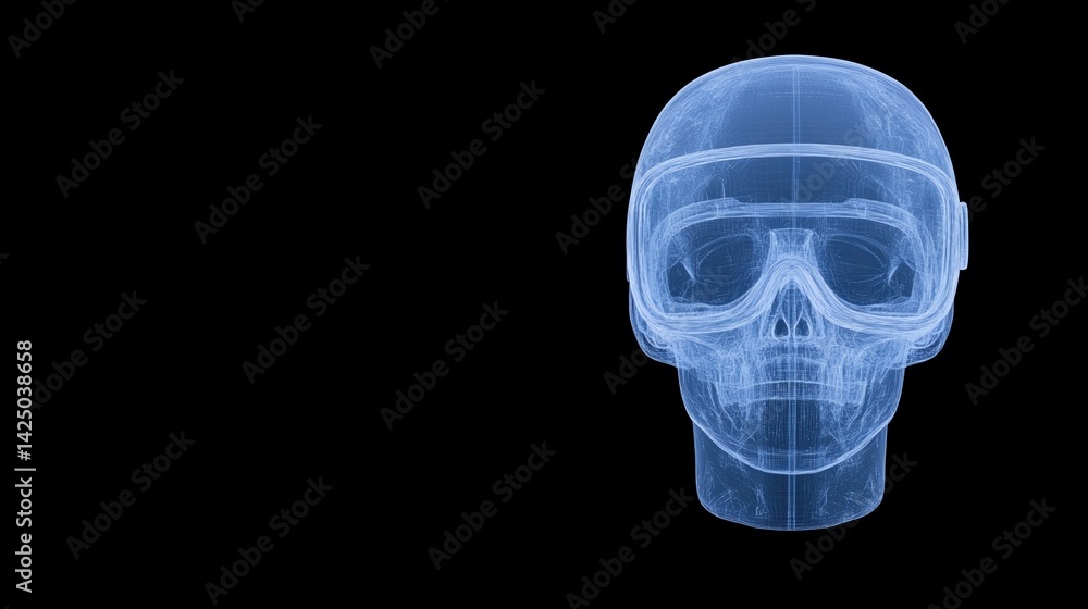 Poster a 3d wireframe representation of a skull wearing goggles on a black background, emphasizing a blend 