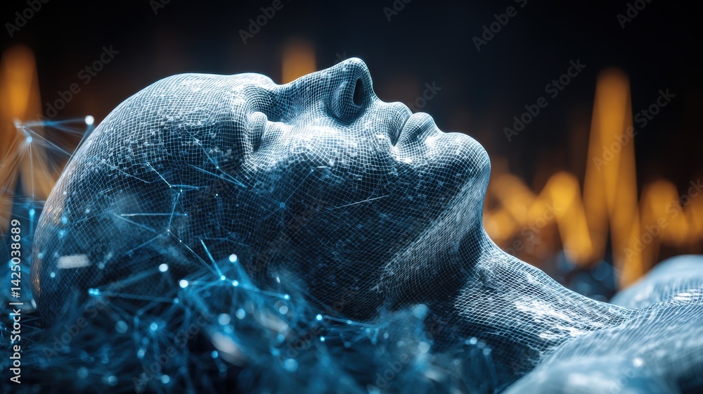 Poster ethereal digital profile silhouette artistic wireframe data connectivity futuristic technology innov