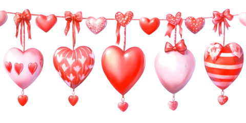 Colorful Hanging Heart Decorations Illustration with Transparent Background