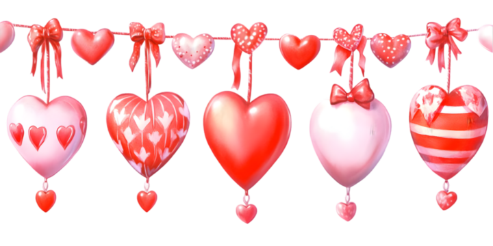 Colorful Hanging Heart Decorations Illustration with Transparent Background