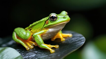 A vibrant green frog with yellow accents perches on a dark leaf against a blurred background. The image showcases the amphibian's texture and color in a natural setting