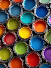 Fototapeta premium Vibrant paint colors arranged in circular containers top view colorful paint collection artsy mood