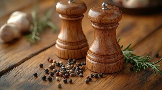 Wooden pepper and salt mills with mixed peppercorns on rustic table