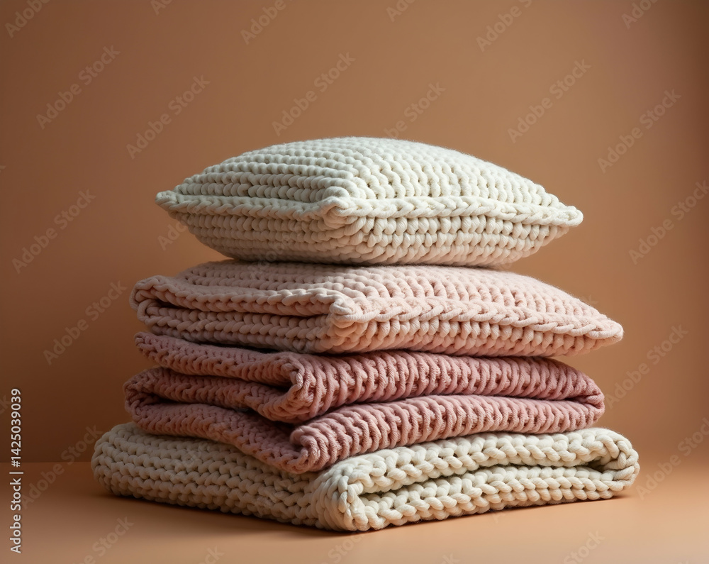 Poster a cozy stack of knitted blankets and pillows in warm tones creating an inviting and comfortable atmo