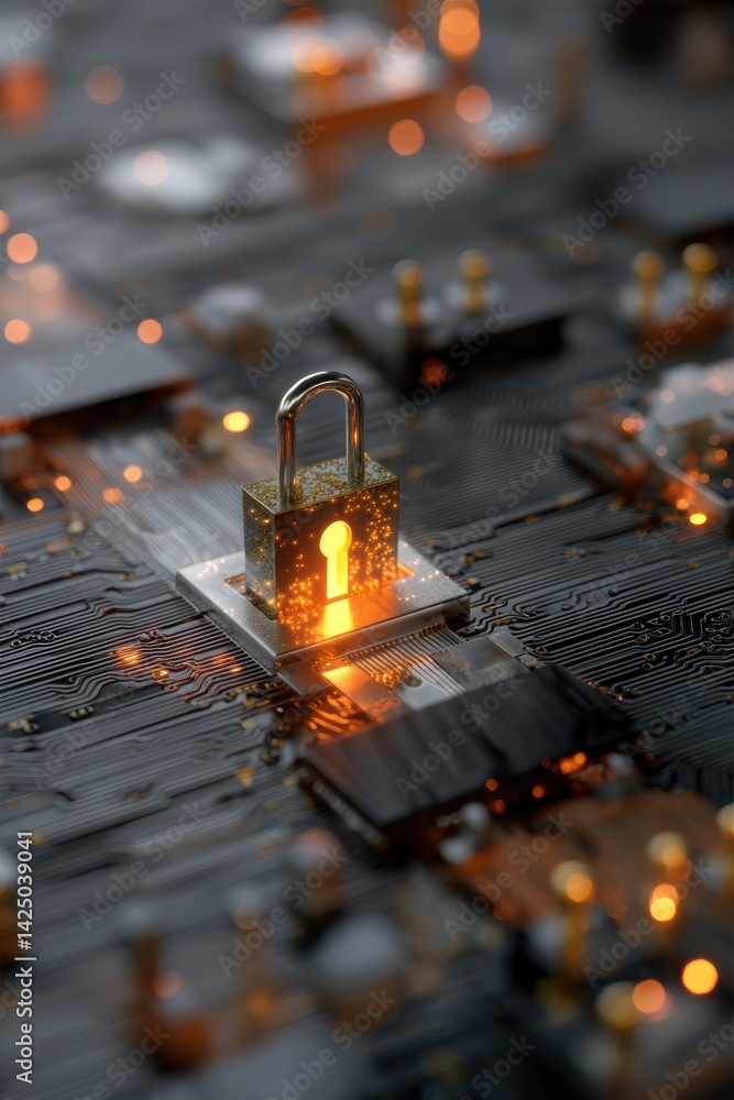 Poster Digital security padlock resting on electronic circuit board with warm light glowing from keyhole