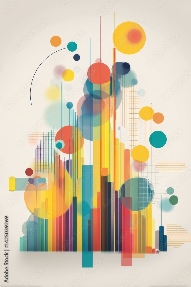 Poster Vibrant Abstract Composition with Geometric Shapes Overlapping Lines and Circles in Colorful Style